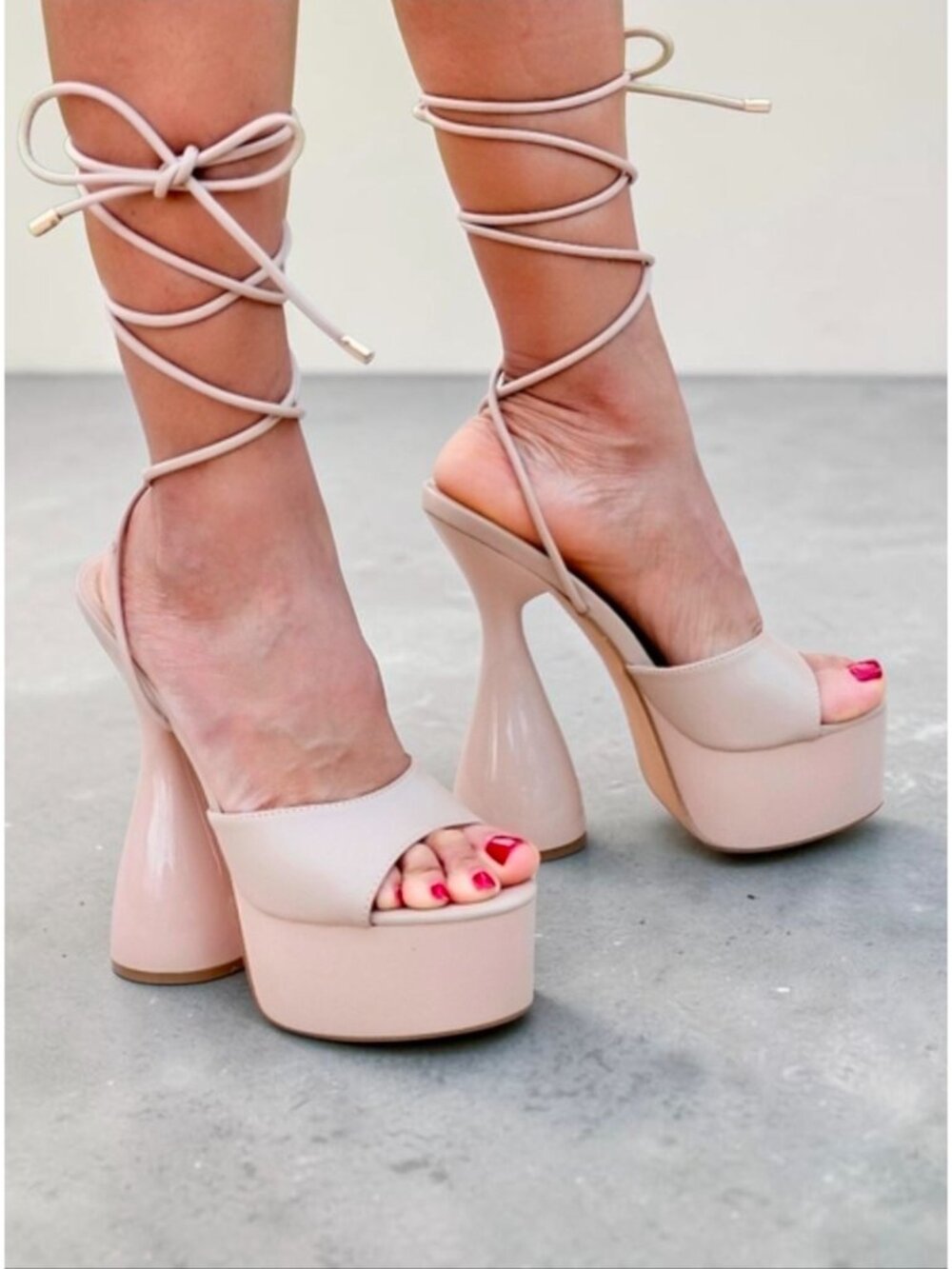 Lace-Up Nude Platform High Heels With Hourglass Block Heel & Open-Toe Design Wom